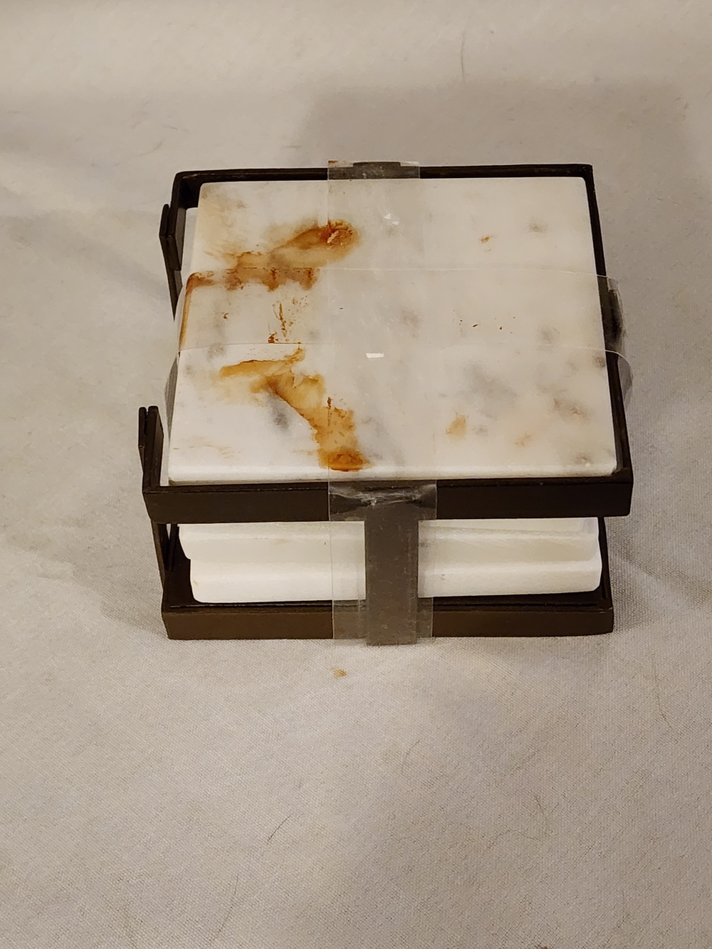 White Marble Coaster Set (4) with Brown Holder
